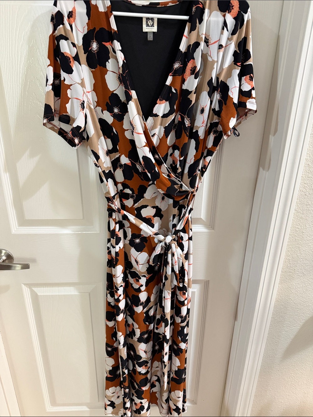 Anne Klein Brown, Black & Cream Floral Midi Wrap Dress